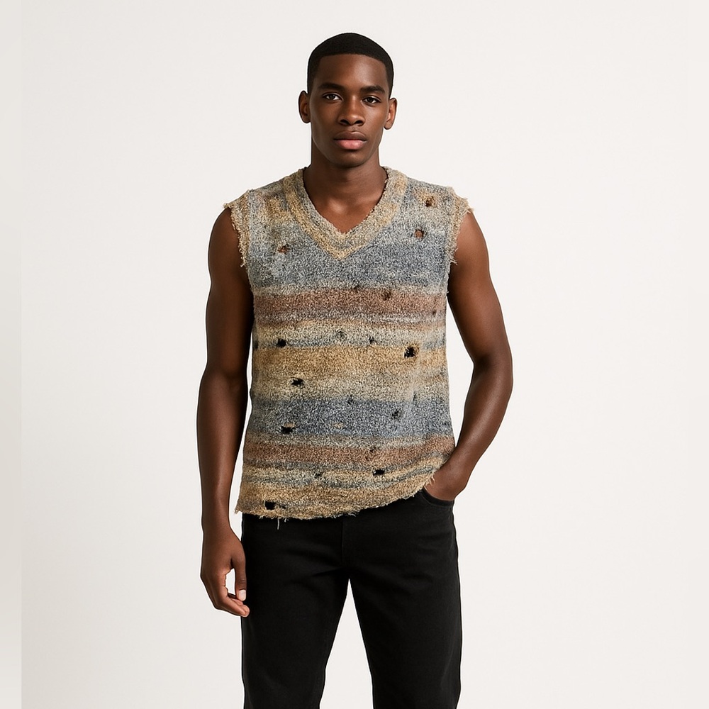 Men's V-Neck Sweater - Blue and Tan